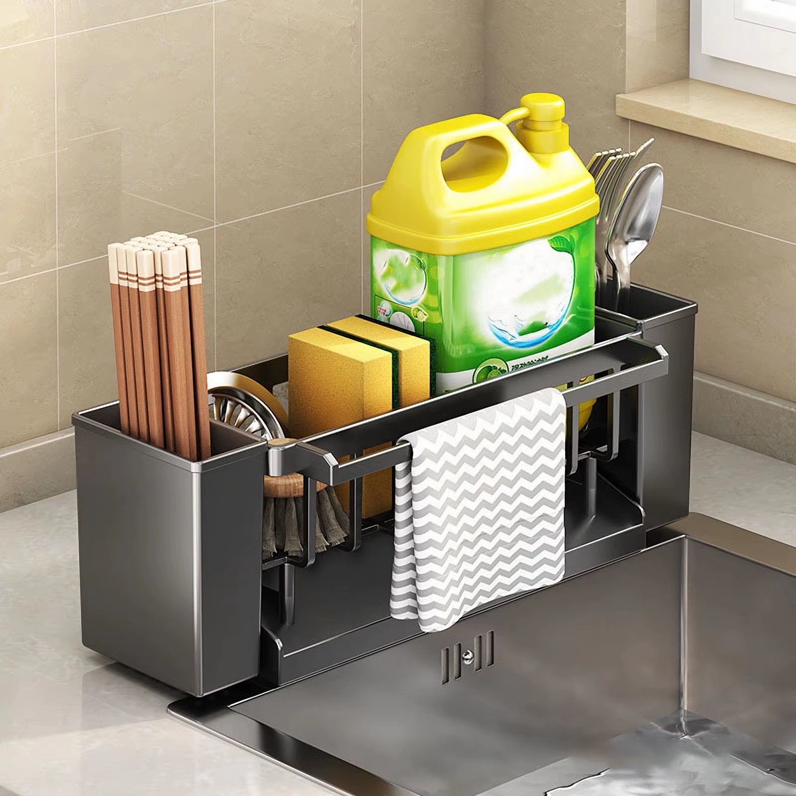 Elevate Your Kitchen with Our Versatile Kitchen Sink Organizer - Sponge and Brush Holder with Drain Rack