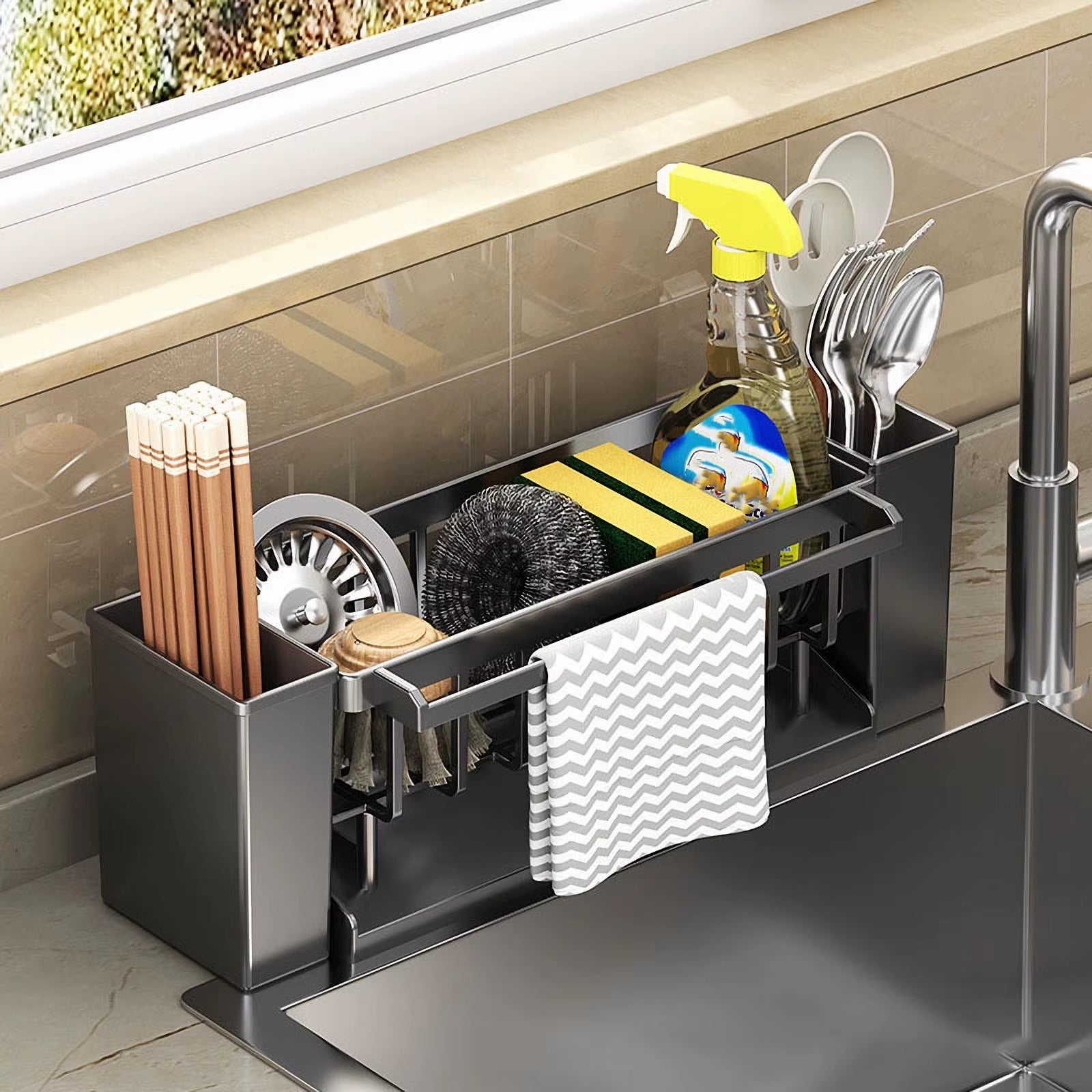 Elevate Your Kitchen with Our Versatile Kitchen Sink Organizer - Sponge and Brush Holder with Drain Rack