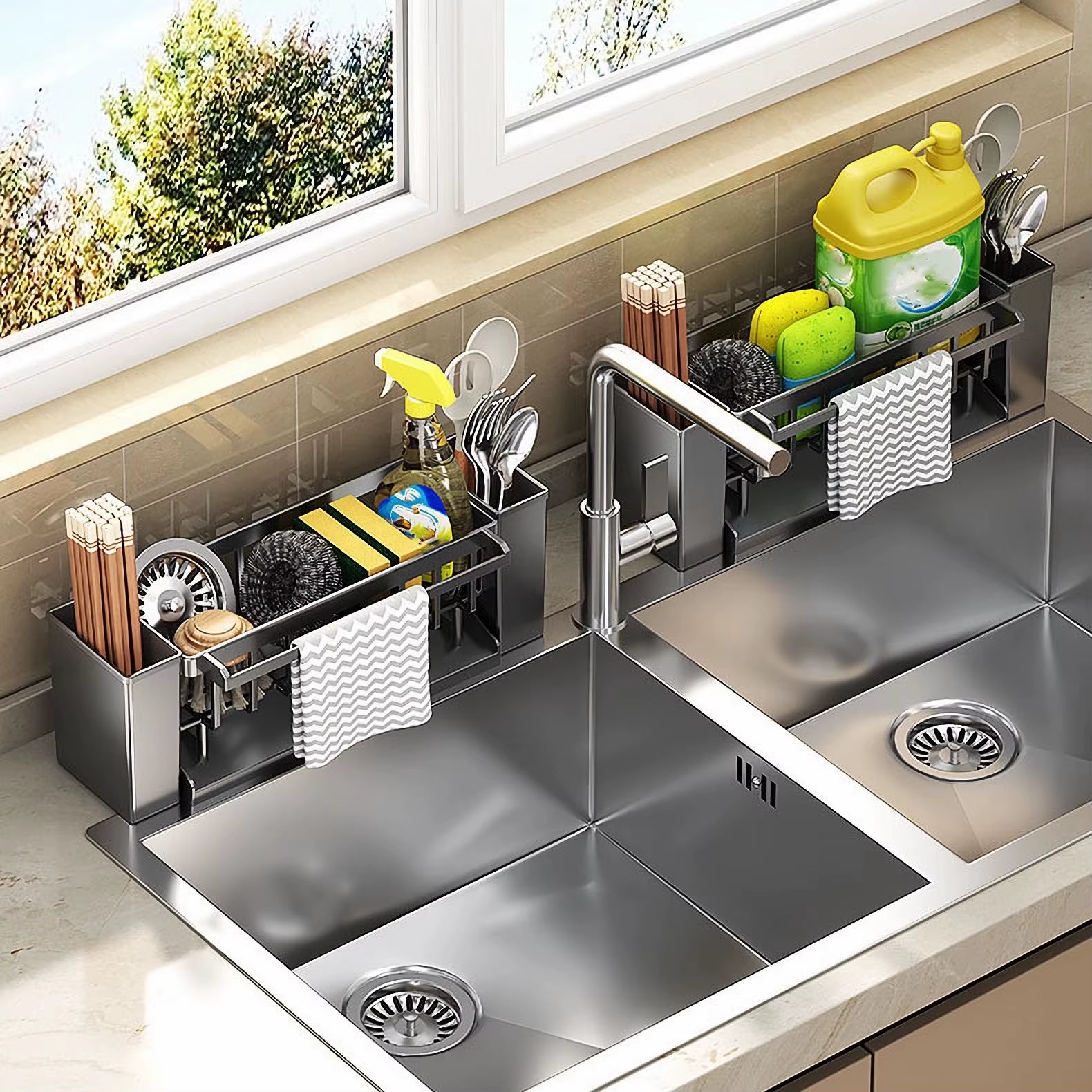 Elevate Your Kitchen with Our Versatile Kitchen Sink Organizer - Sponge and Brush Holder with Drain Rack